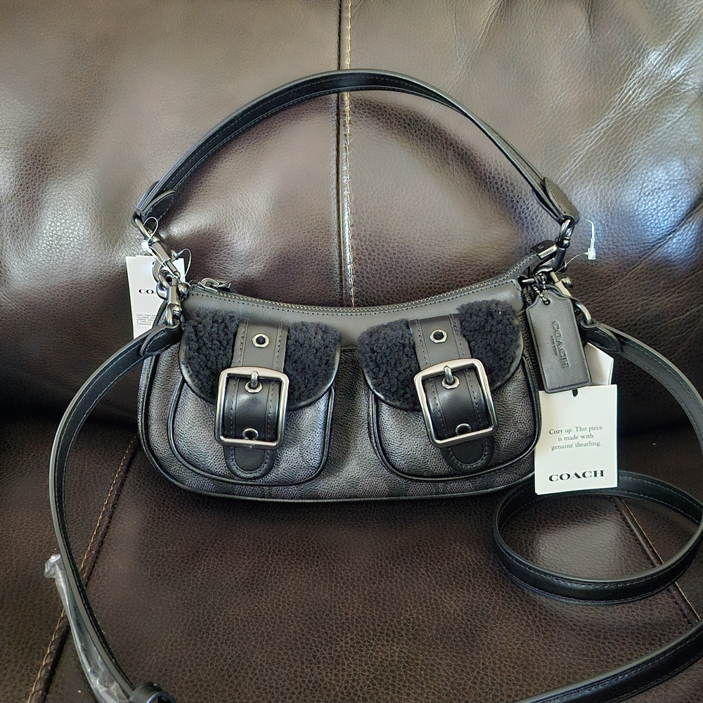 Coach Ashton In Signature Canvas with Shearling, Black Leather Women's Bag